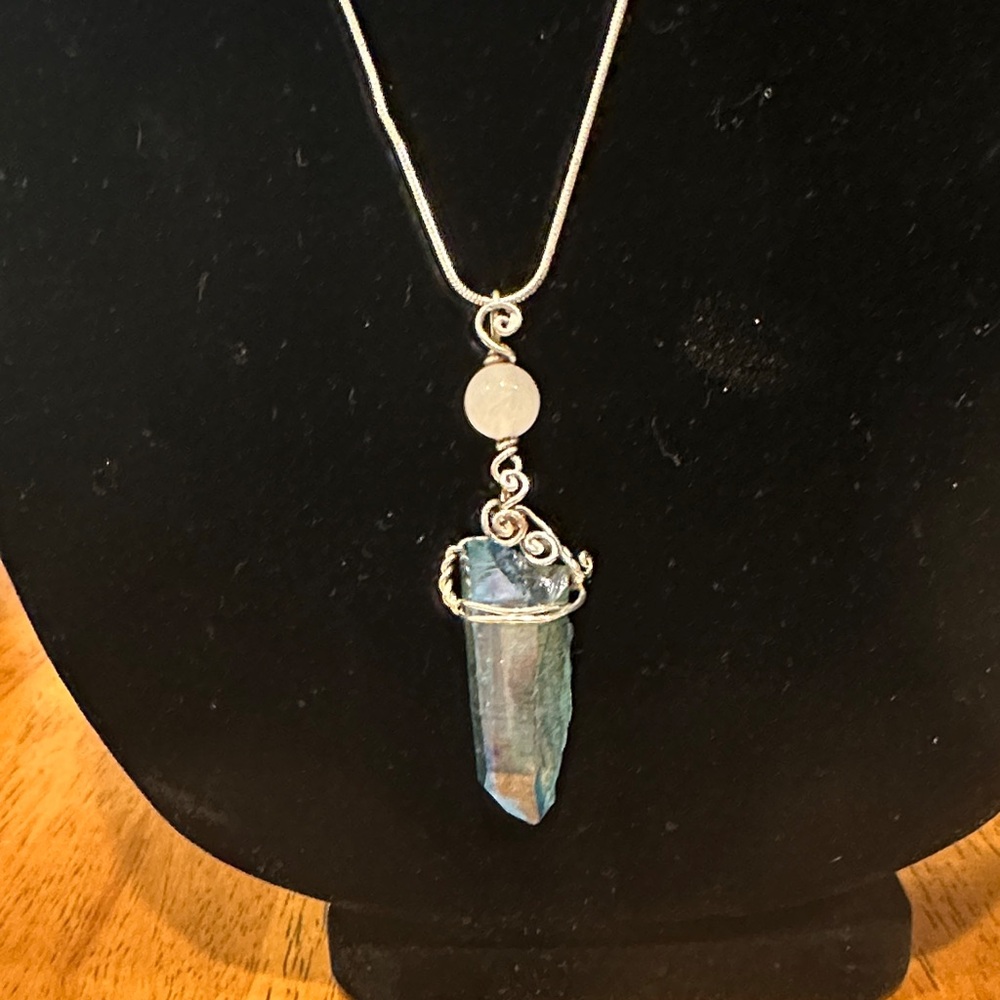 Aqua Aura Raw Point Crystal Pendant Necklace with silver filigree on 925 chain.